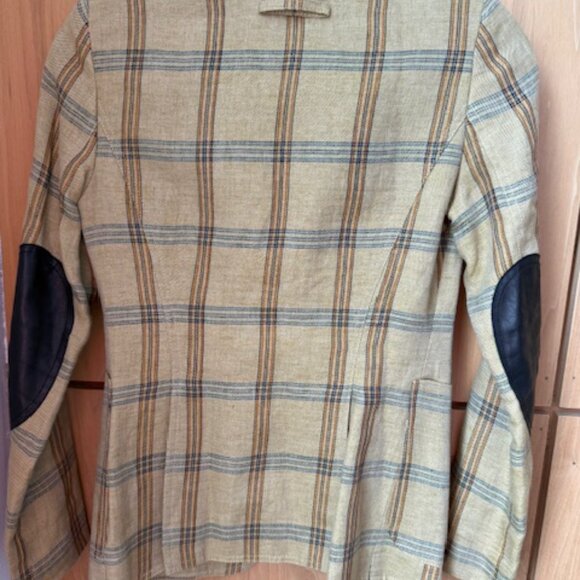 Chic Pre-Loved Smythe Tan & Navy Burlap Plaid Linen Duchess Blazer - Women's 2 - Picture 7 of 12